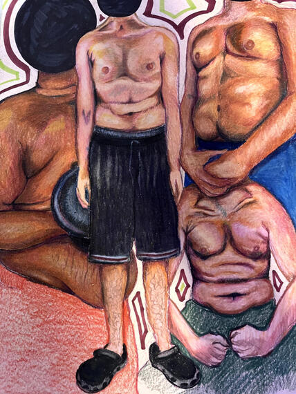 los gorditos y los flaquitos, Colored pencil on toned paper, 2024